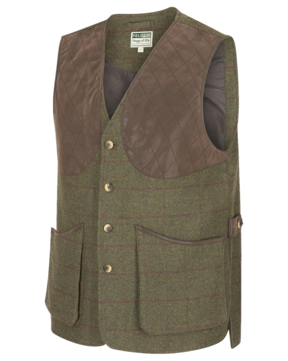 Olive Wine Coloured Hoggs of Fife Tummel Tweed Field Waistcoat on white background 