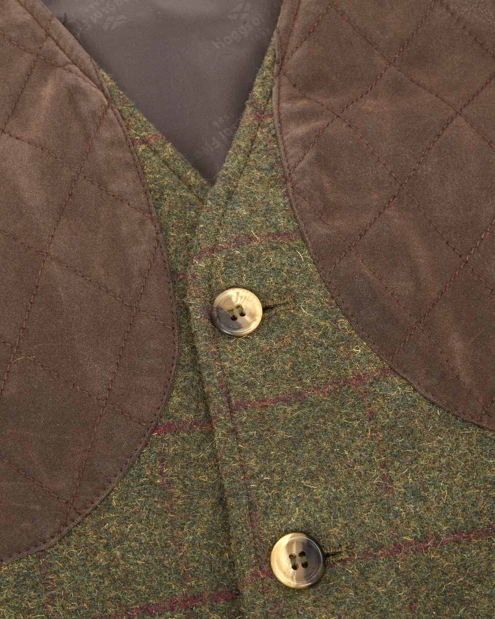 Olive Wine Coloured Hoggs of Fife Tummel Tweed Field Waistcoat on white background 