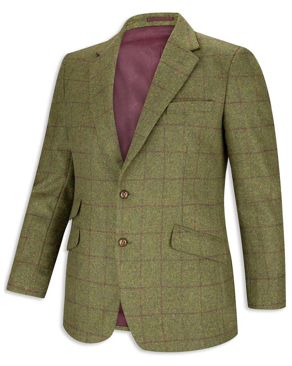 Olive/Wine coloured Hoggs of Fife Tummel Tweed Sports Jacket on white background 