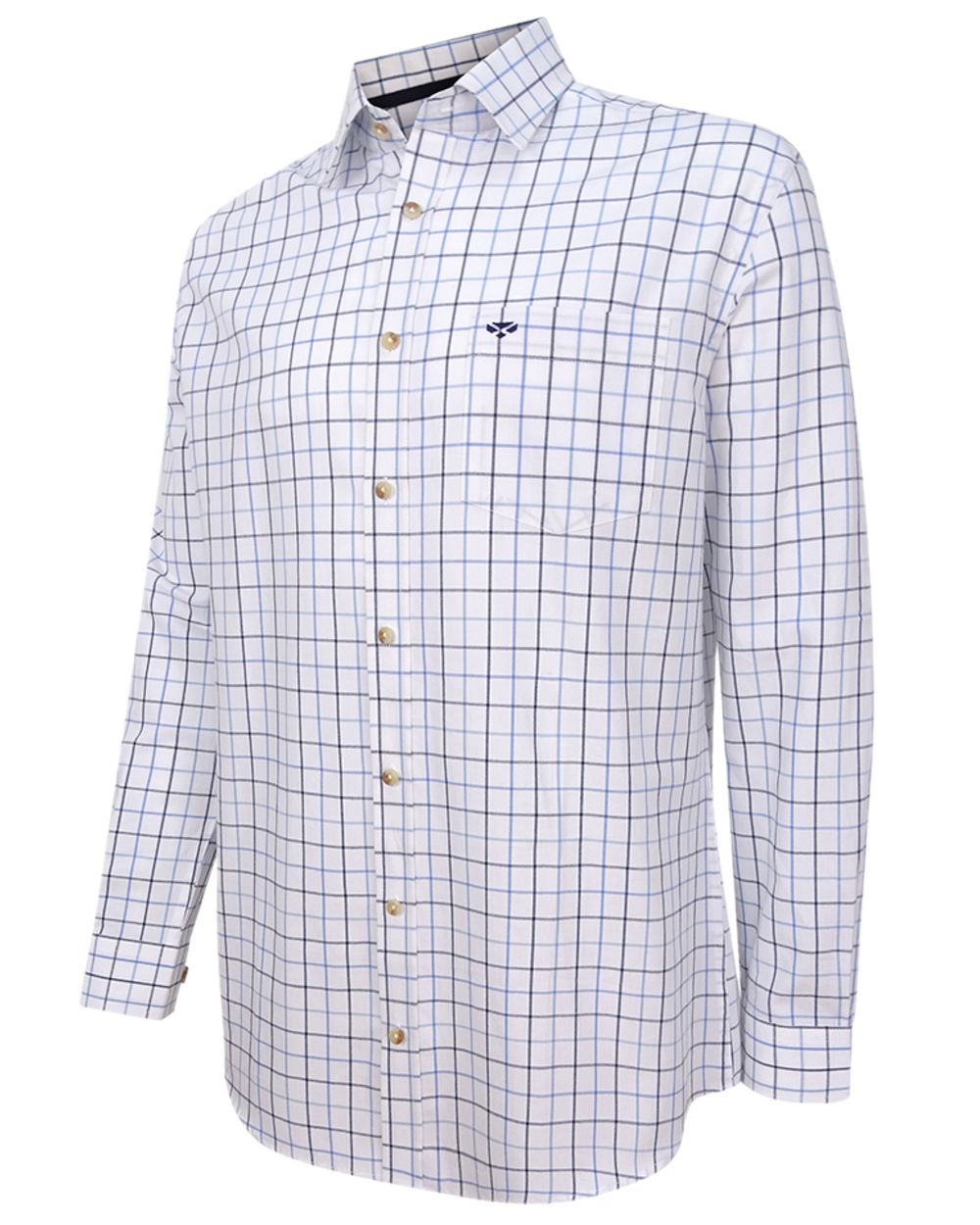 White Navy Check Coloured Hoggs of Fife Viscount Premier Tattersall Shirt on white background 