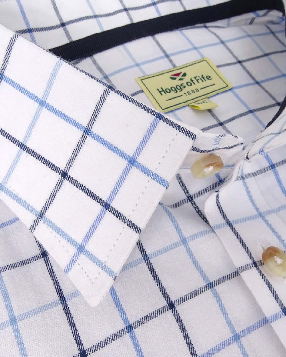 White Navy Check Coloured Hoggs of Fife Viscount Premier Tattersall Shirt on white background 