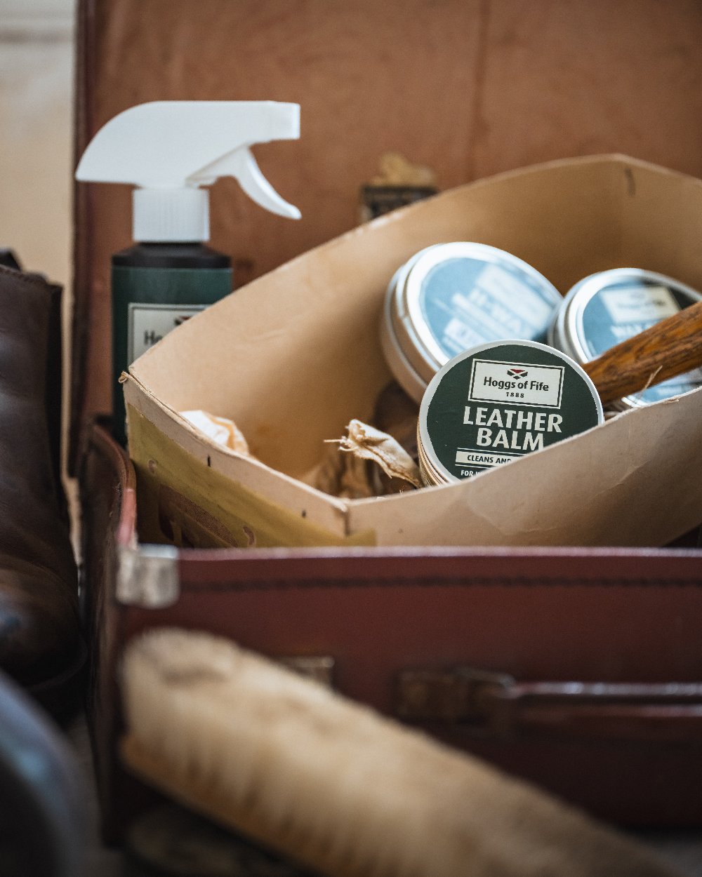 Neutral Coloured Hoggs of Fife Wax Leather Balm on store background 