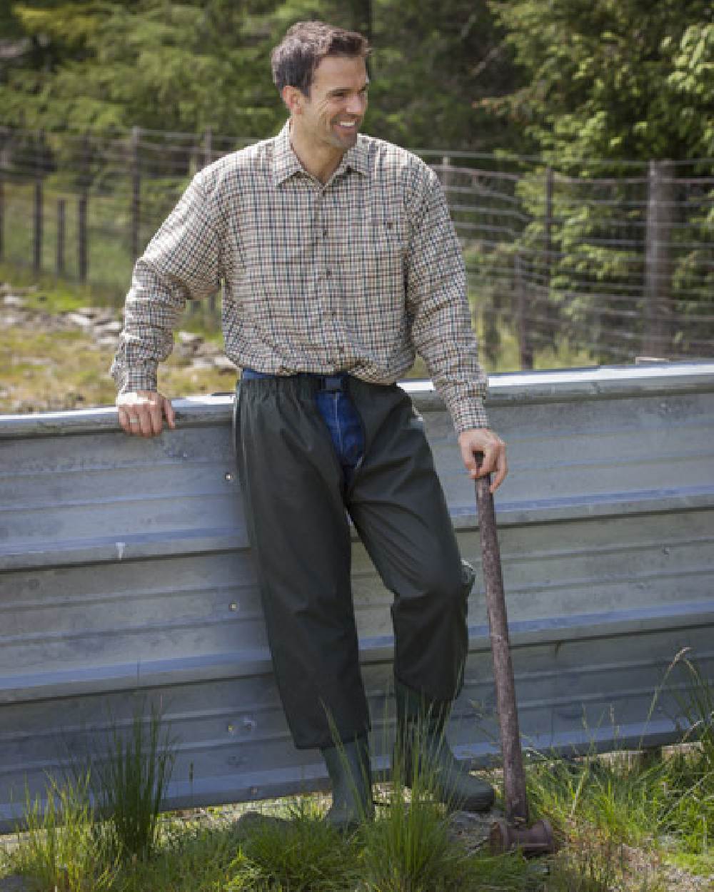 Olive Coloured Hoggs of Fife Waxed Treggings on farm background 