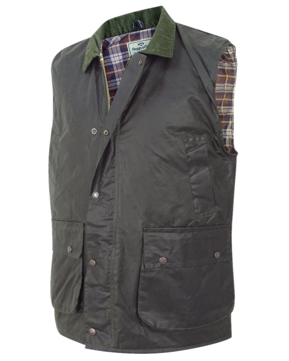 Olive Coloured Hoggs of Fife Waxed Waistcoat on white background 