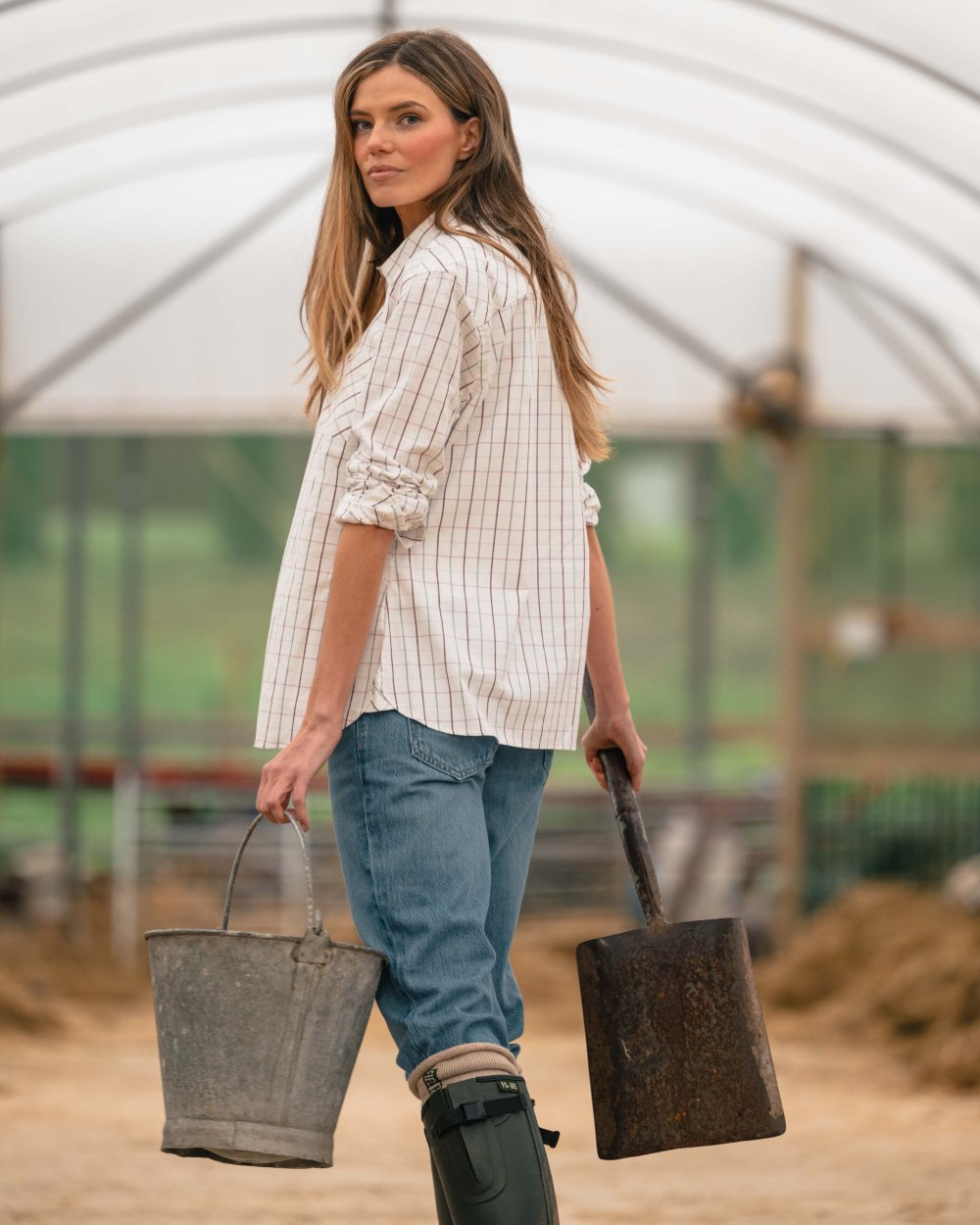 Purple Mineral Blue coloured Hoggs of Fife Womens Aberlady Tattersall Shirt on outdoor background 