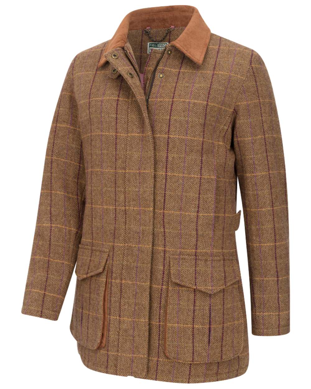 Bracken Blackberry coloured Hoggs of Fife Womens Eden Technical Tweed Field Coat on white background 