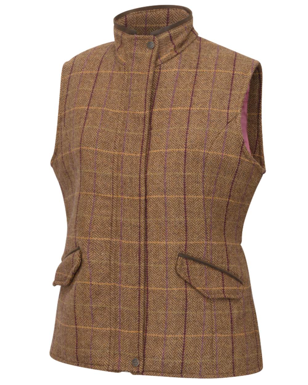 Bracken Blackberry coloured Hoggs of Fife Womens Eden Technical Tweed Gilet on white background 
