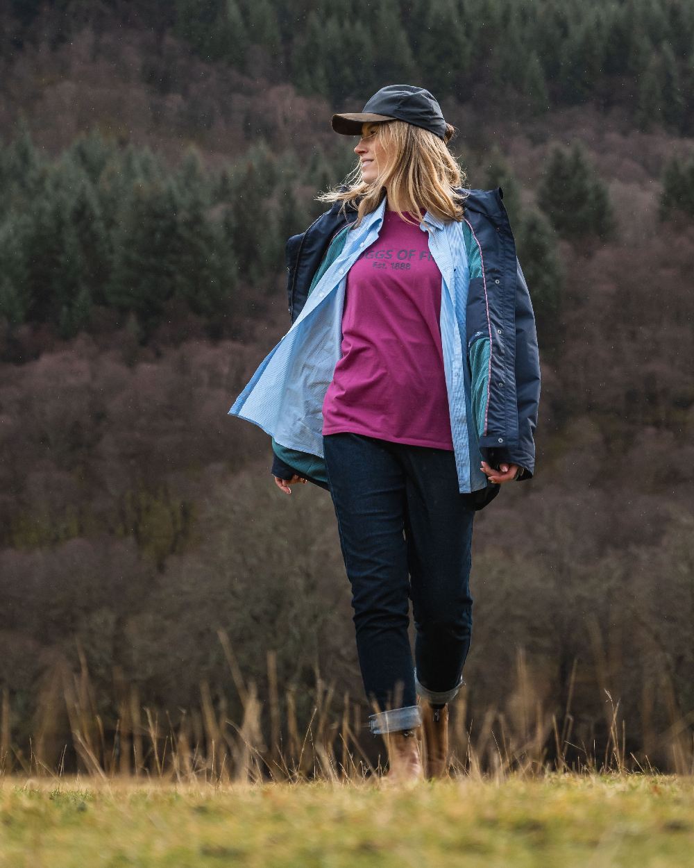 Navy Coloured Hoggs of Fife Womens Fara Waterproof Jacket on forest background 