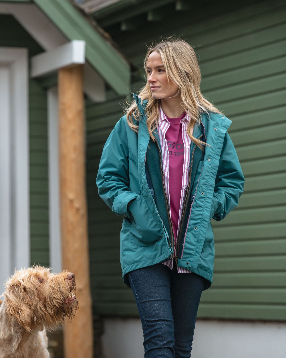 Teal Coloured Hoggs of Fife Womens Fara Waterproof Jacket on countryside background 