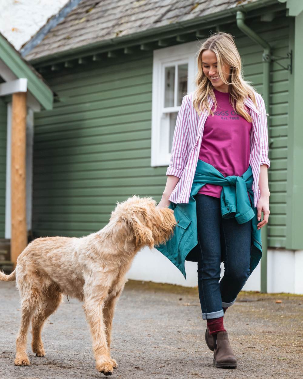 Teal Coloured Hoggs of Fife Womens Fara Waterproof Jacket on countryside background 
