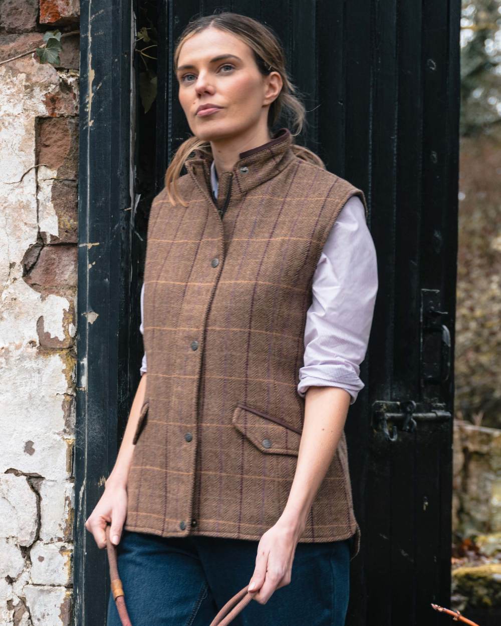 Pink White Coloured Hoggs of Fife Womens Ingliston Stretch Stripe Shirt on outdoor background 