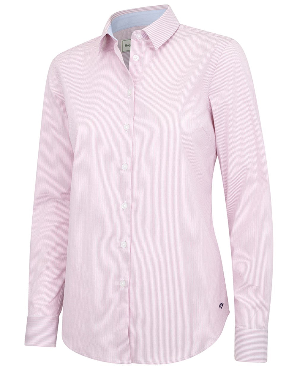 Pink White coloured Hoggs of Fife Womens Ingliston Stretch Stripe Shirt on white background 