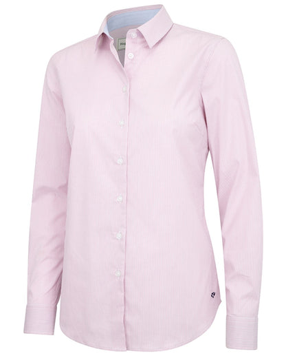 Pink White coloured Hoggs of Fife Womens Ingliston Stretch Stripe Shirt on white background 