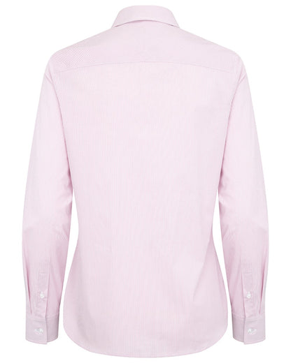 Pink White coloured Hoggs of Fife Womens Ingliston Stretch Stripe Shirt on white background 