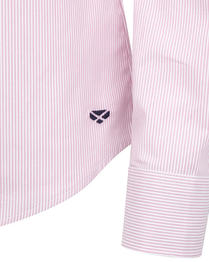 Pink White coloured Hoggs of Fife Womens Ingliston Stretch Stripe Shirt on white background 