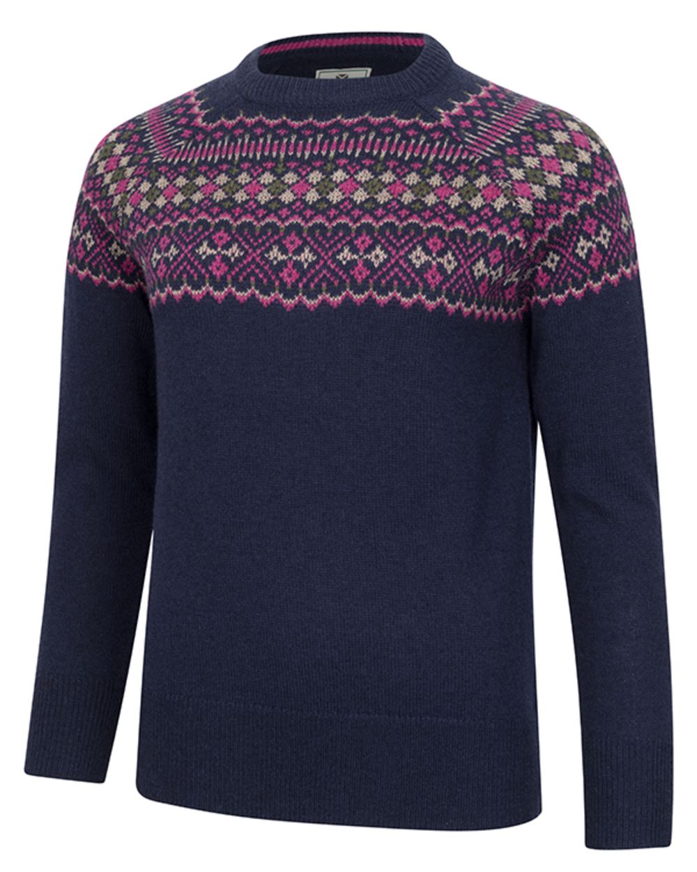 Navy coloured Hoggs of Fife Womens Jura Fair Isle Crew Neck Pullover on white background 