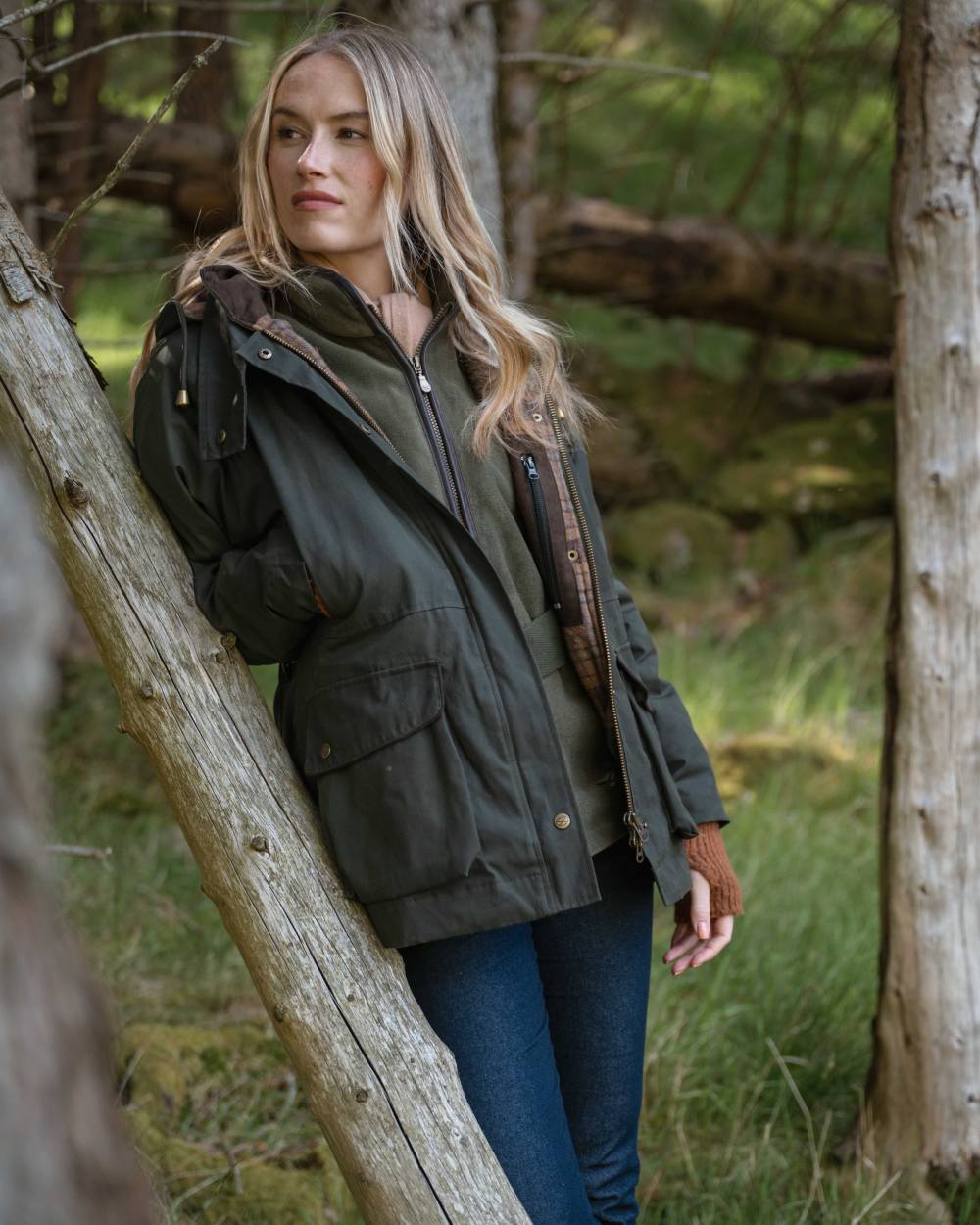 Forest Green Coloured Hoggs of Fife Womens Kelso Waterproof Waxed Jacket on outdoor background 