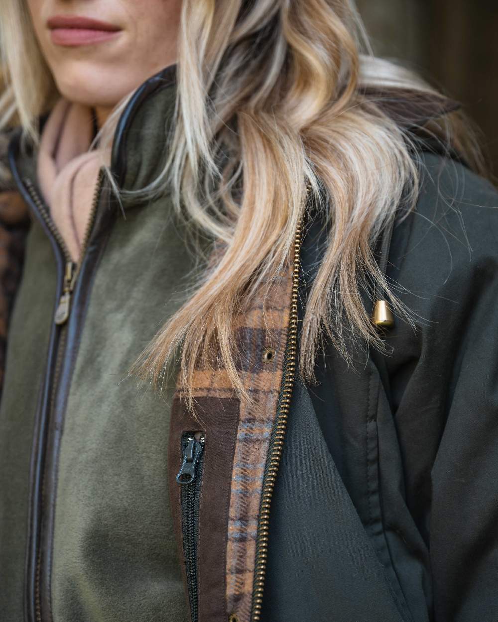 Forest Green Coloured Hoggs of Fife Womens Kelso Waterproof Waxed Jacket on outdoor background 