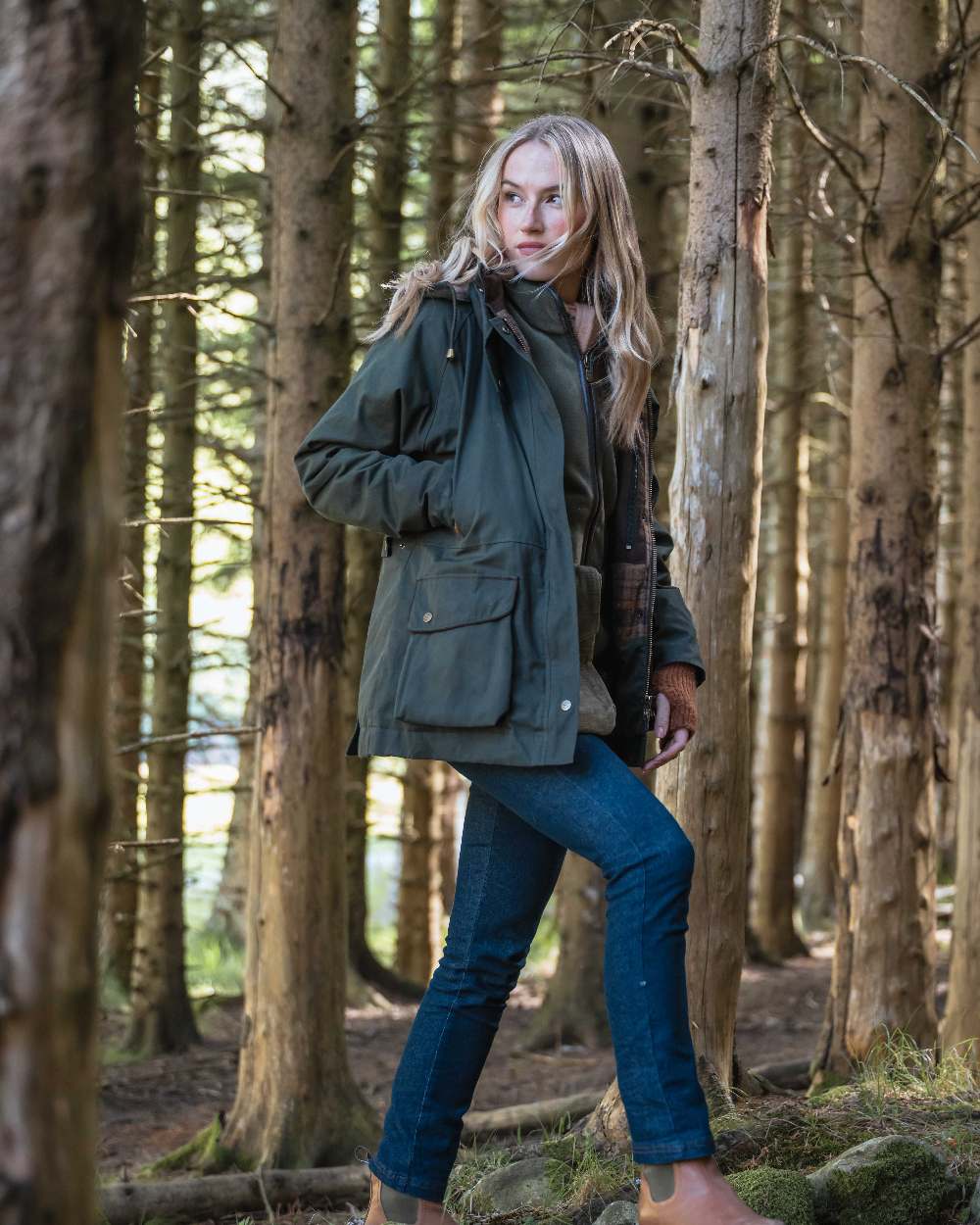 Forest Green Coloured Hoggs of Fife Womens Kelso Waterproof Waxed Jacket on outdoor background 