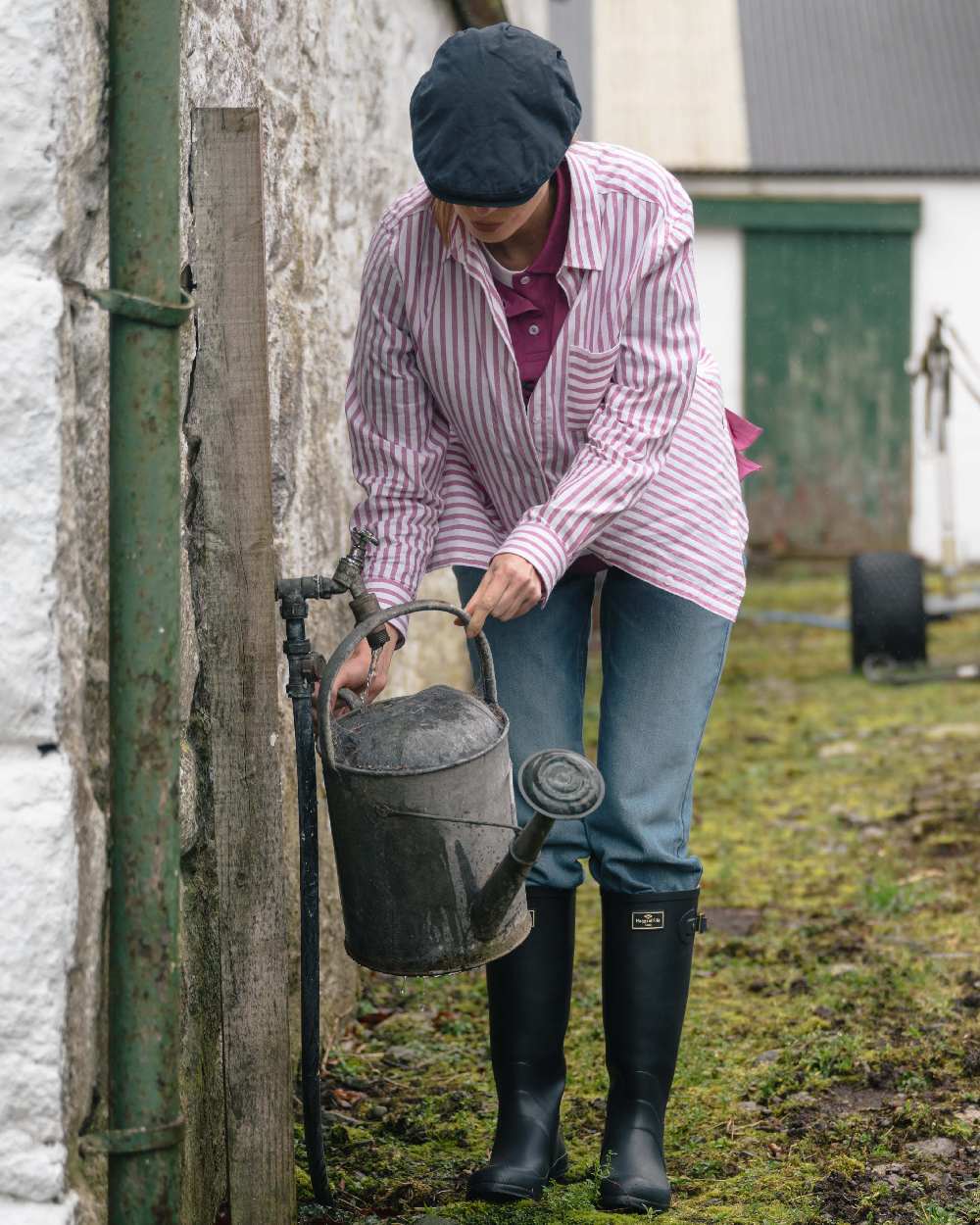 Berry Coloured Hoggs of Fife Womens Sophia Oversized Stripe Shirt on outdoor background 