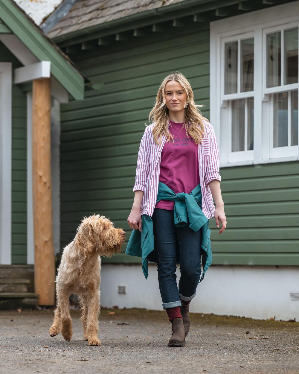 Berry Coloured Hoggs of Fife Womens Sophia Oversized Stripe Shirt on outdoor background 
