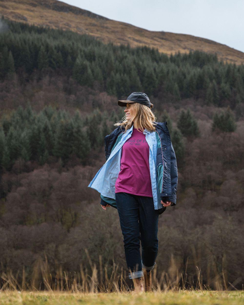 Berry Coloured Hoggs of Fife Womens Stella Printed T-Shirt on mountain background 
