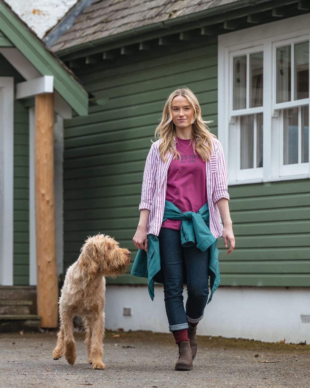 Berry Coloured Hoggs of Fife Womens Stella Printed T-Shirt on outdoor background 