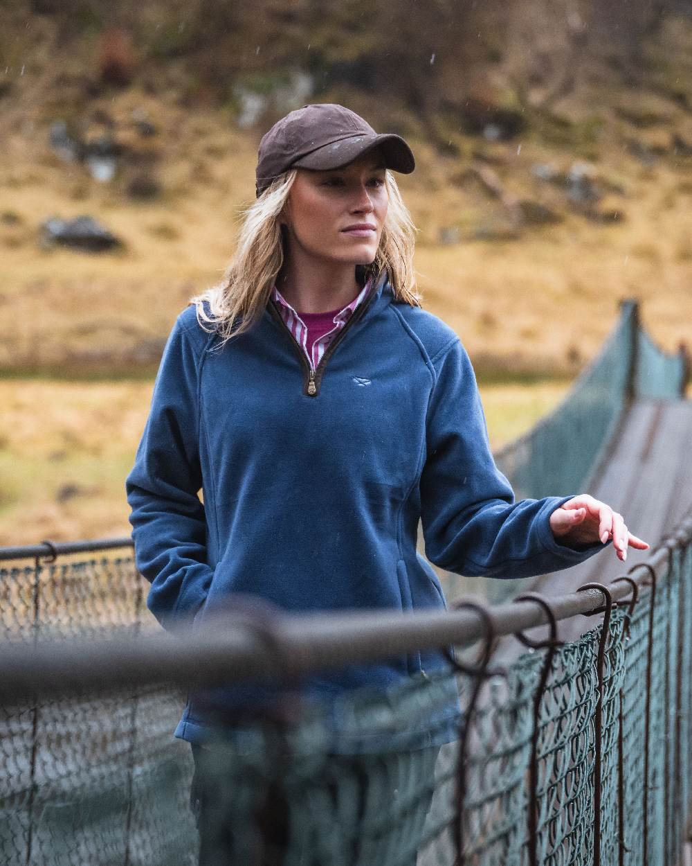Nordic Blue Coloured Hoggs of Fife Womens Stenton Quarter Zip Fleece on blurry background 