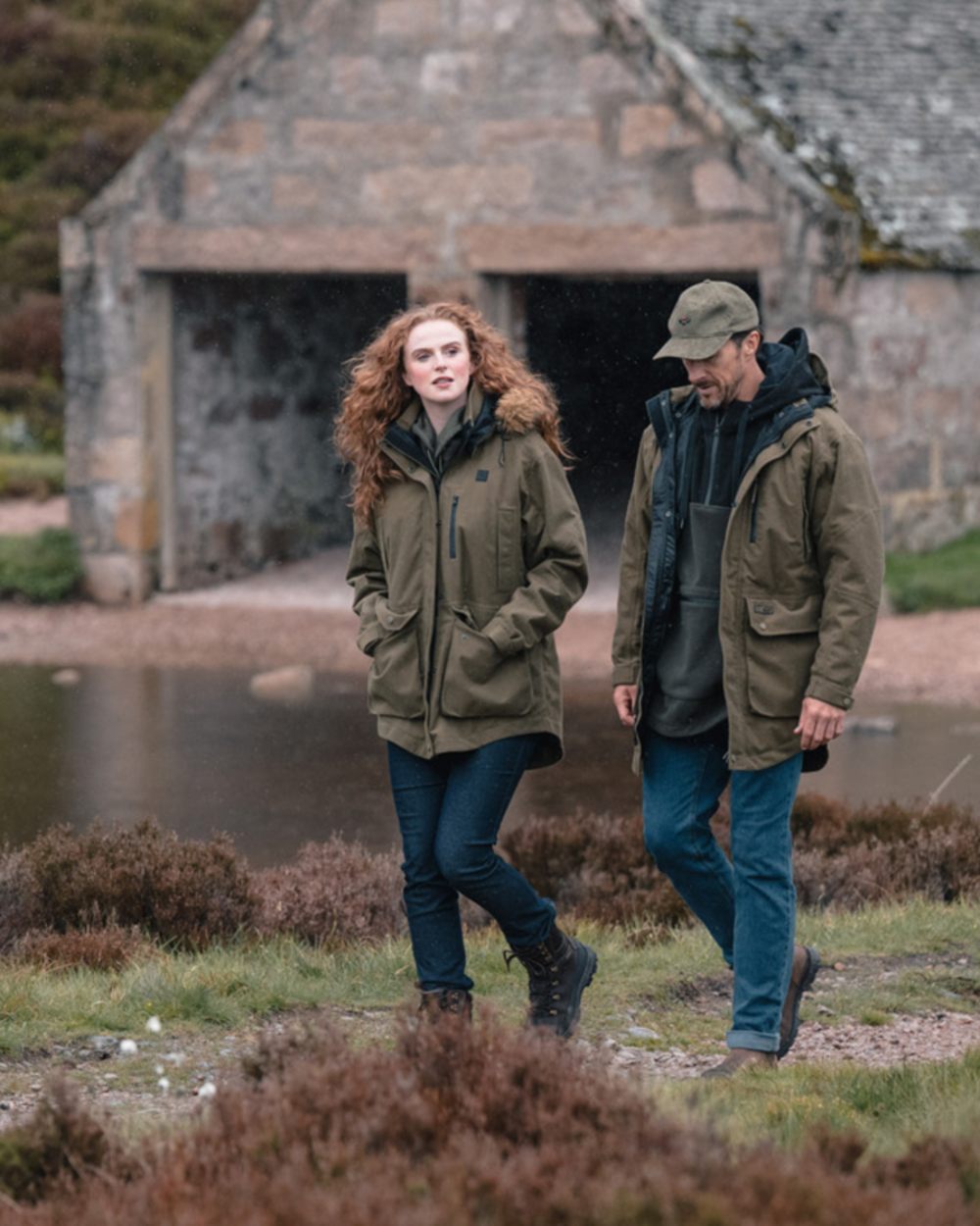 Olive coloured Hoggs of Fife Womens Torness Trilaminate 3-In-1 Jacket on moorland 