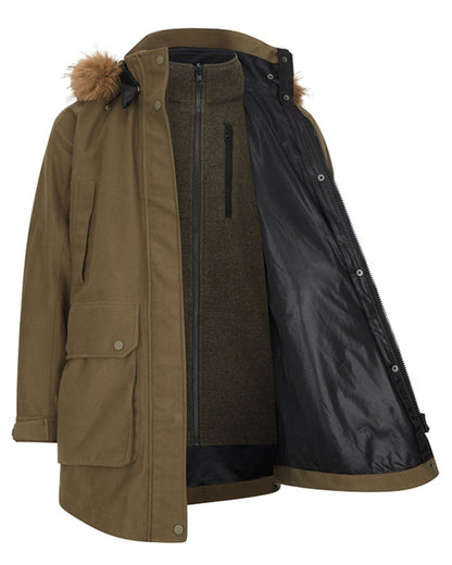 Olive coloured Hoggs of Fife Womens Torness Trilaminate 3-In-1 Jacket on white background 