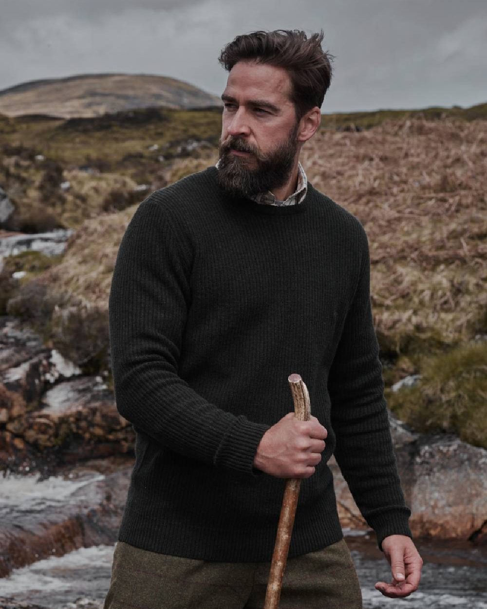 Hoggs of Fife Borders Ribbed Knit Pullover in Loden 