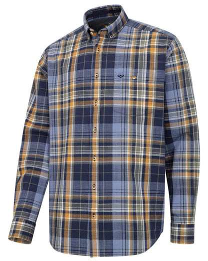 Navy Gold Check coloured Hoggs of Fife Crail Lightweight Check Shirt on white background 