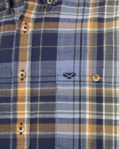 Navy Gold Check coloured Hoggs of Fife Crail Lightweight Check Shirt on white background 