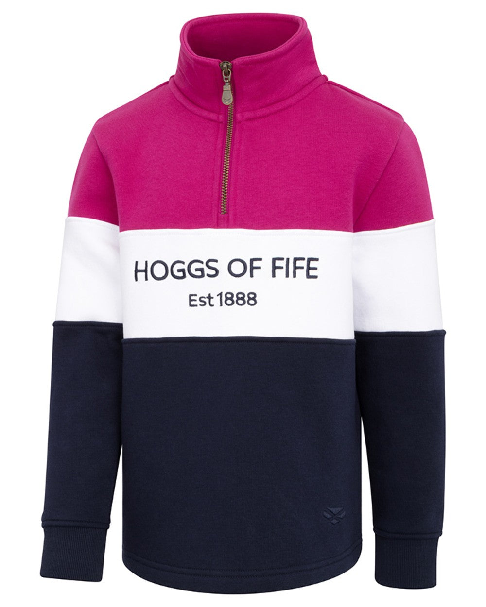 Berry White Navy coloured Hoggs of Fife Junior Dumfries 1888 Quarter Zip Top on white background 