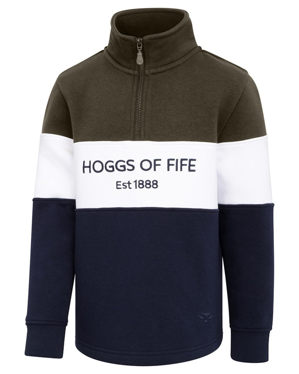 Forest White Navy coloured Hoggs of Fife Junior Dumfries 1888 Quarter Zip Top on white background 