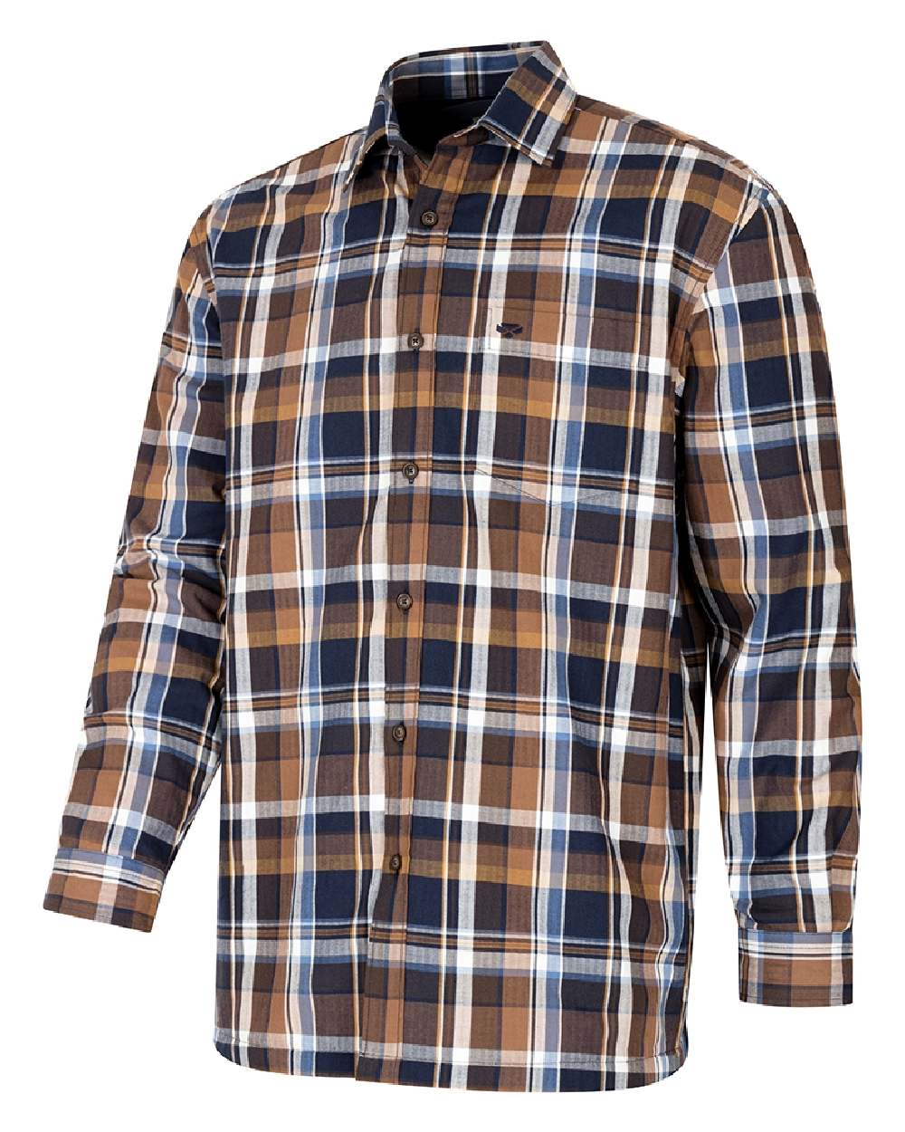 Hoggs of Fife Arran Micro Fleece Lined 100% Cotton Shirt in Navy/Brown Check 