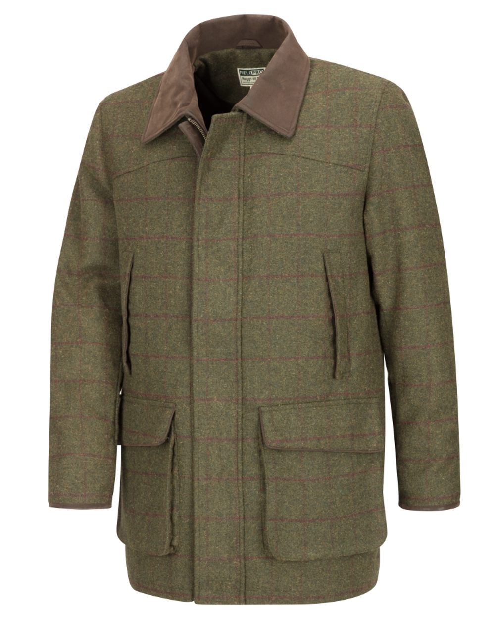 Olive/Wine coloured Hoggs of Fife Tummel Tweed Field Coat on white background