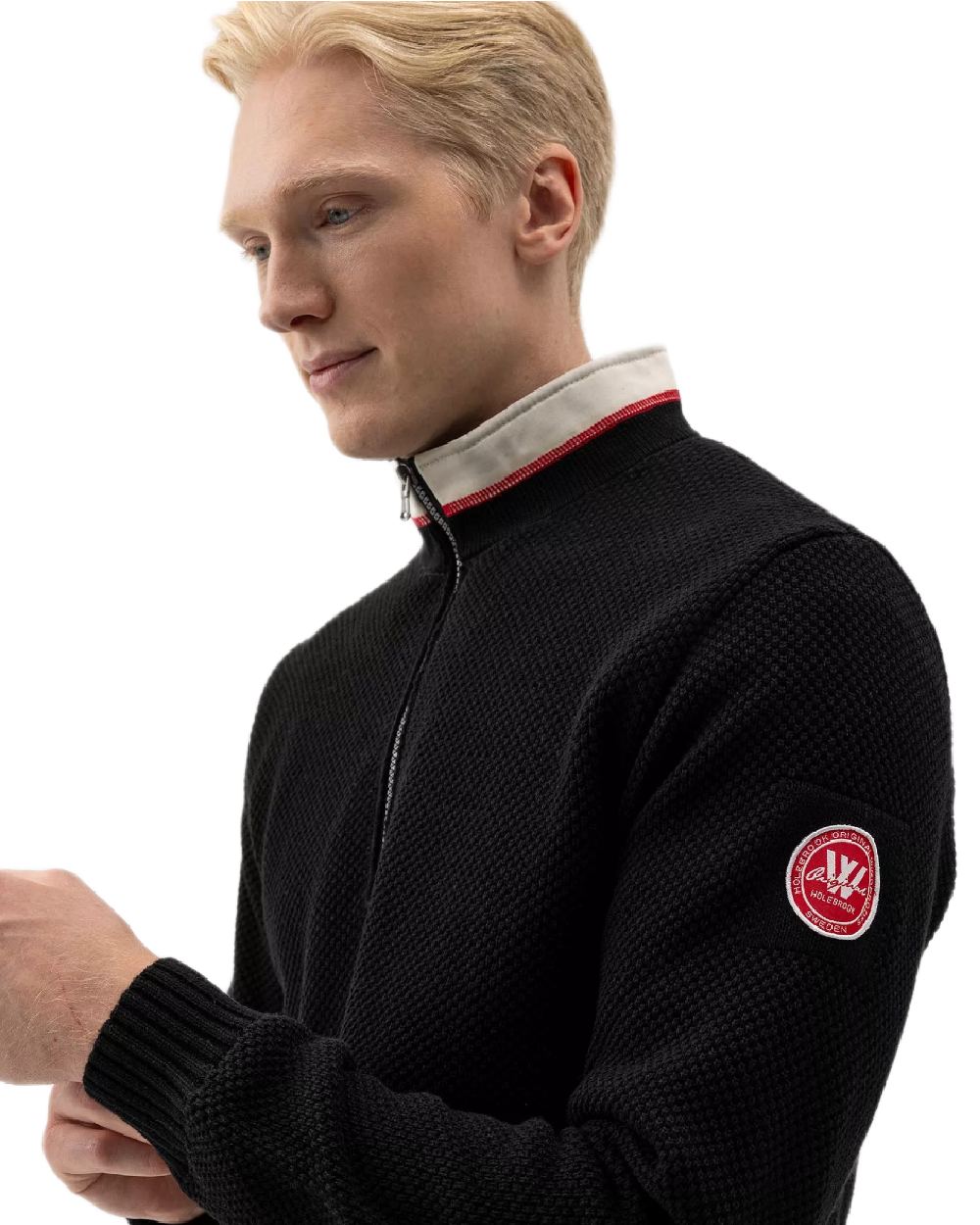 Black Mel Coloured Holebrook Mens Classic Knitted Windproof Sweater on white background 