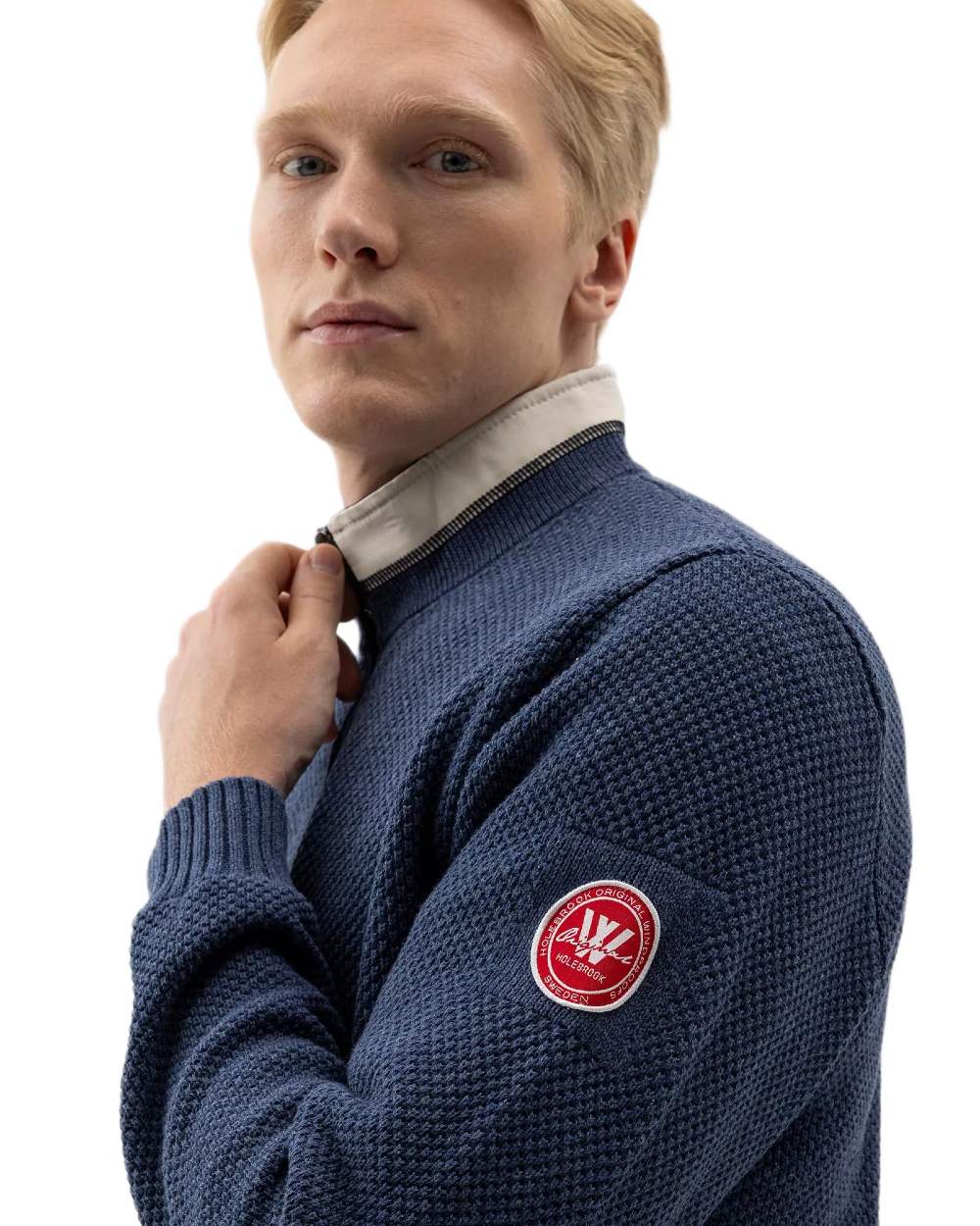 Chambray Coloured Holebrook Mens Classic Knitted Windproof Sweater on white background 