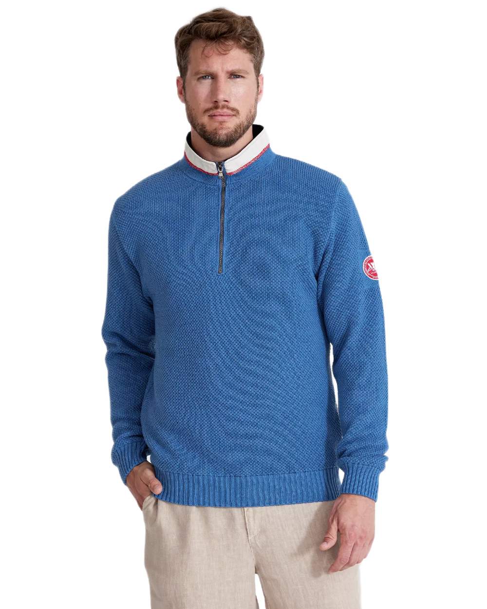 Copen Blue Coloured Holebrook Mens Classic Knitted Windproof Sweater on white background 