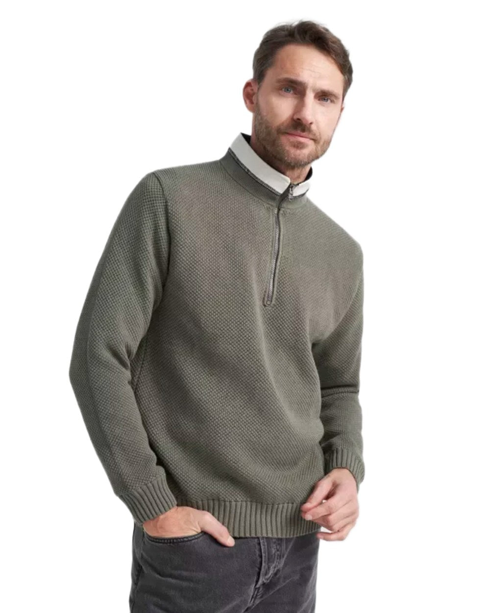 Dusty Olive Coloured Holebrook Mens Classic Knitted Windproof Sweater on white background 
