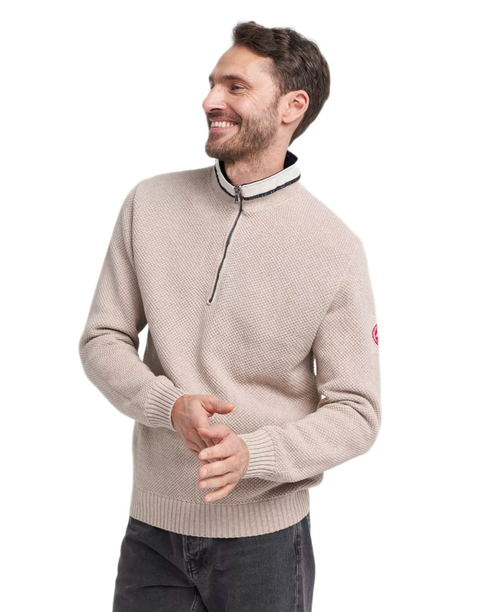 Khaki Coloured Holebrook Mens Classic Knitted Windproof Sweater on white background 