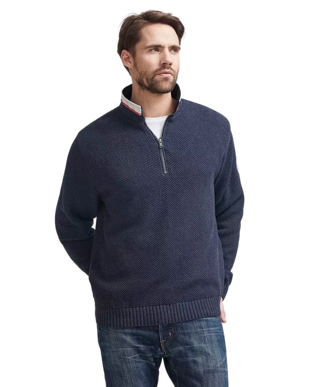 Navy Mel Coloured Holebrook Mens Classic Knitted Windproof Sweater on white background 