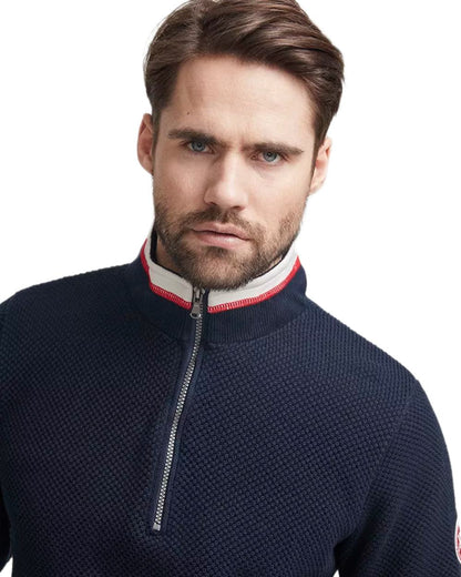 Navy Coloured Holebrook Mens Classic Knitted Windproof Sweater on white background 