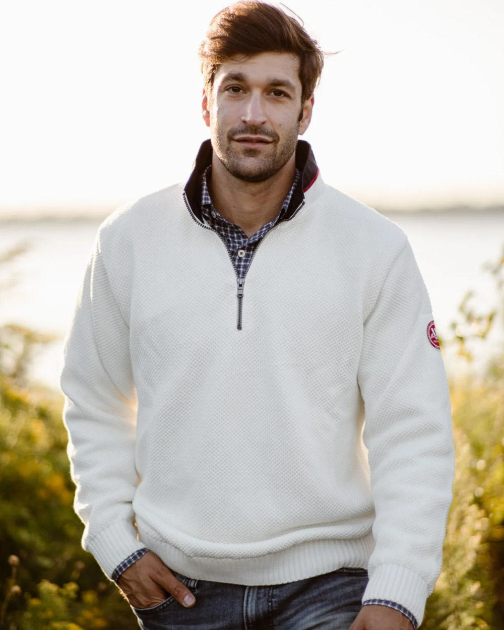 Off White Coloured Holebrook Mens Classic Knitted Windproof Sweater on outdoor background 