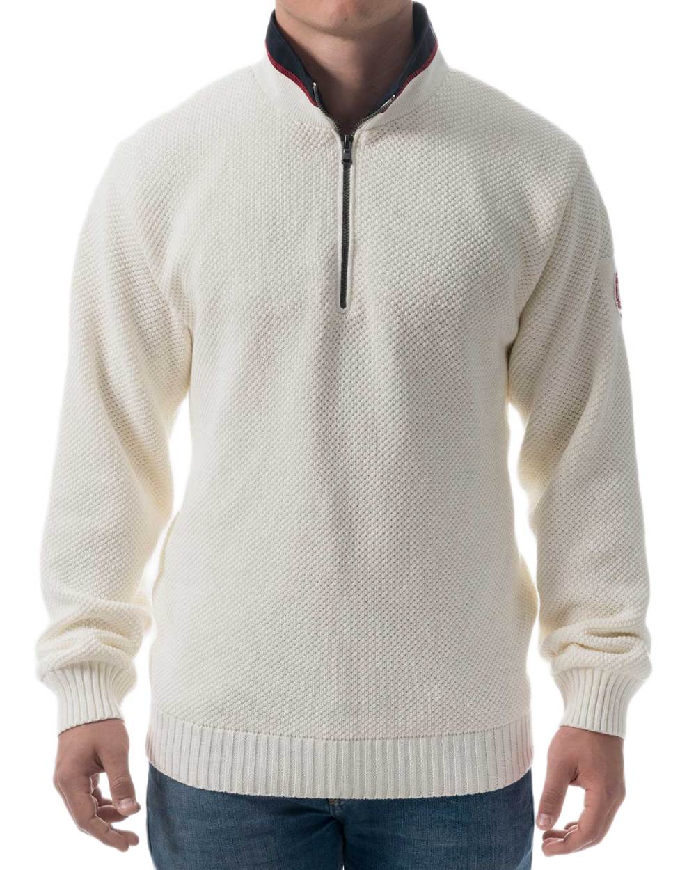 Off White Coloured Holebrook Mens Classic Knitted Windproof Sweater on white background 
