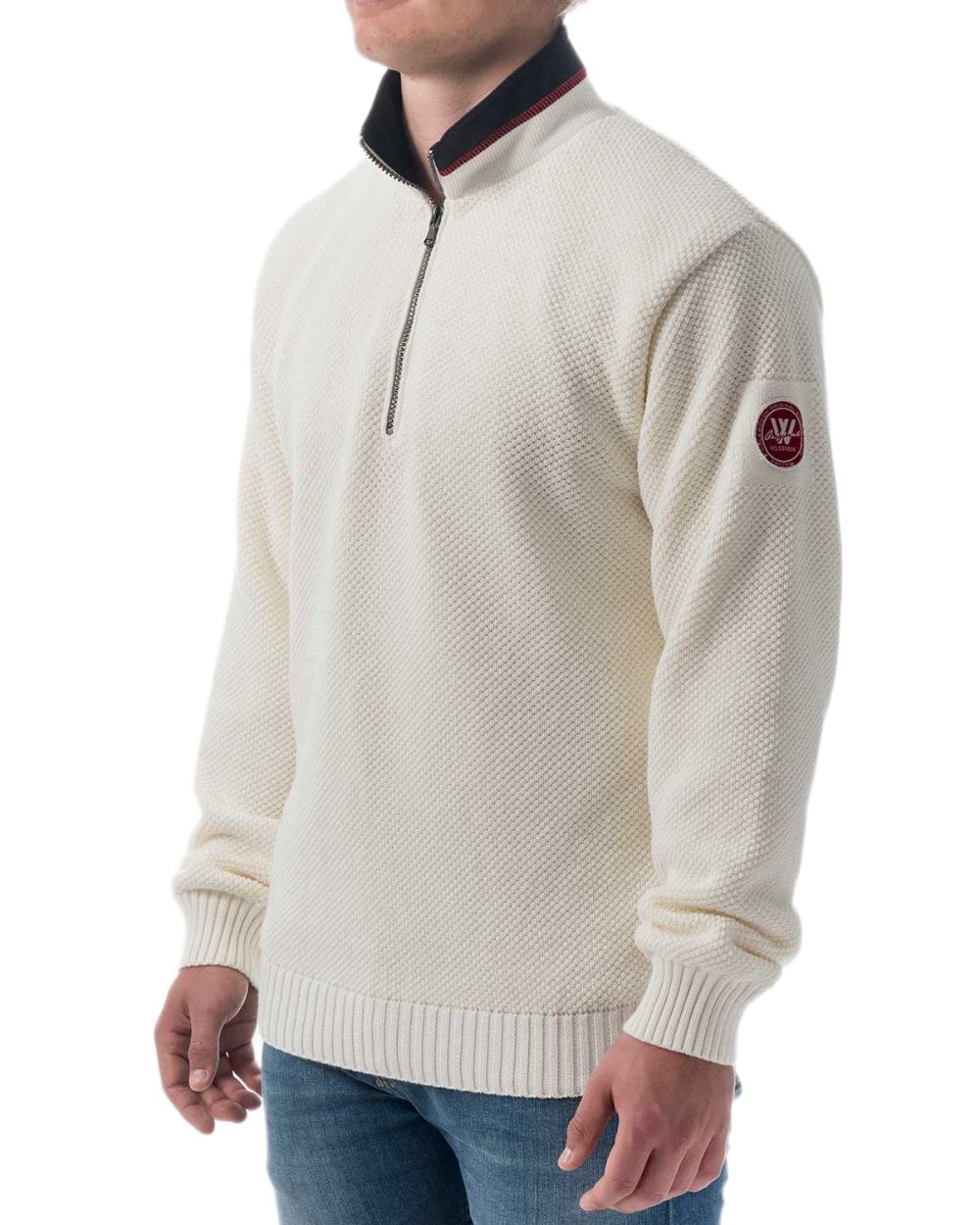 Off White Coloured Holebrook Mens Classic Knitted Windproof Sweater on white background 