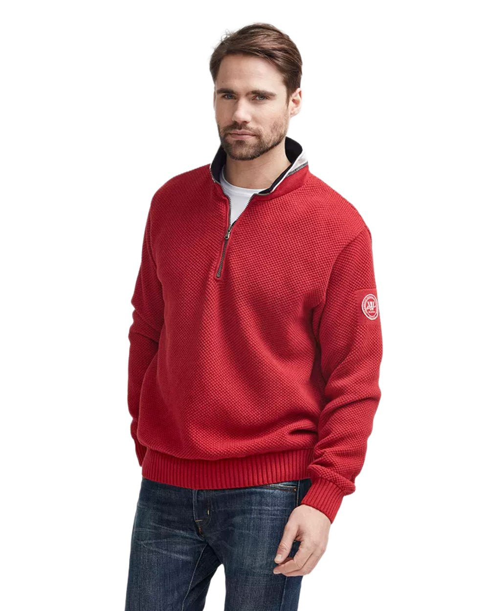 Red Coloured Holebrook Mens Classic Knitted Windproof Sweater on white background 