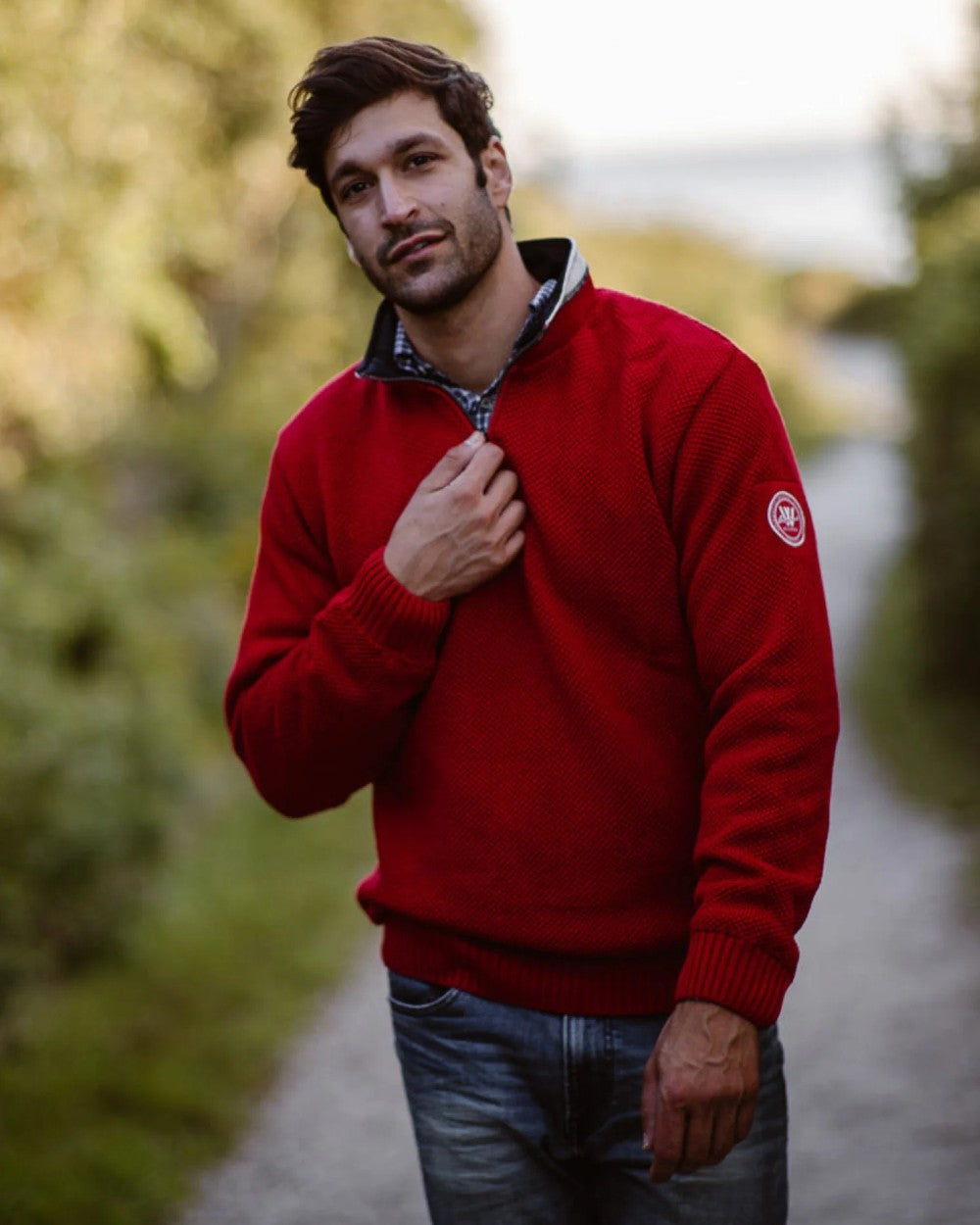 Red Coloured Holebrook Mens Classic Knitted Windproof Sweater on outdoor background 