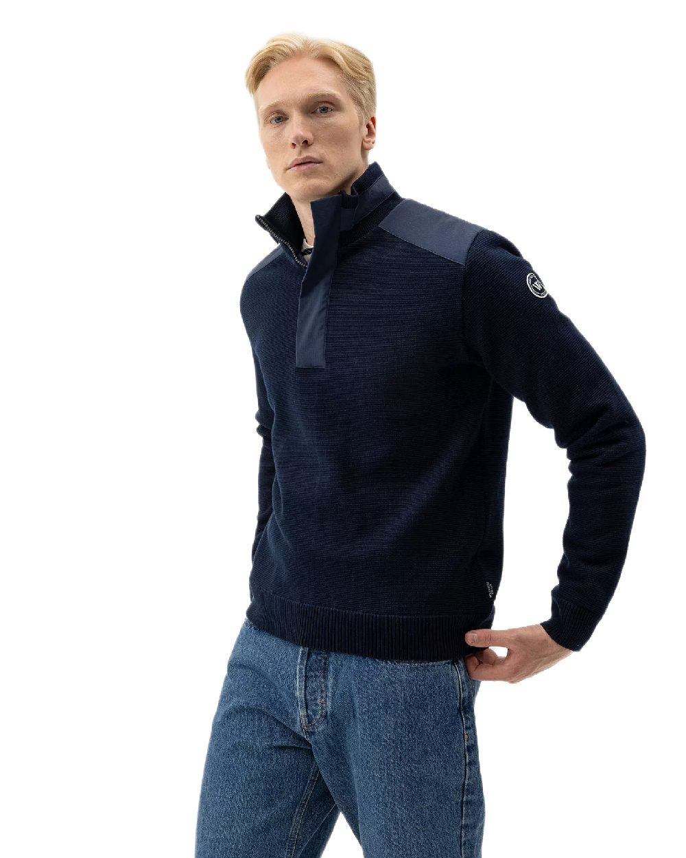 Navy Coloured Holebrook Mens Eskil T-Neck Knitted Windproof Sweater on white background 